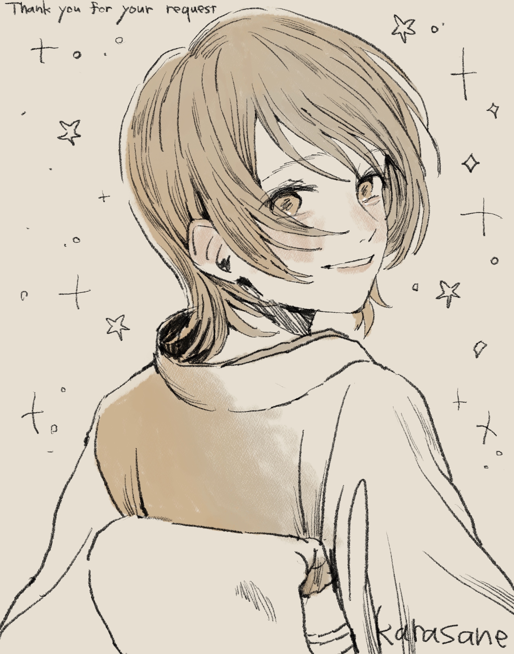 karasane03, original, absurdres, highres, 1girl, artist name, blush, brown hair, english text, from behind, japanese clothes, kimono, monochrome, nape, obi, sash, short hair, smile, solo, sparkle, star (symbol), swept bangs, teeth, upper body