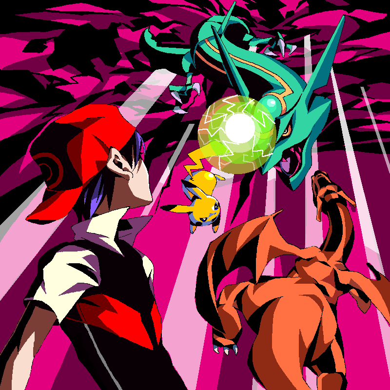 kuroameman, ash ketchum, charizard, pikachu, rayquaza, red (pokemon), nintendo, pokemon, pokemon (anime), 00s, 1boy, baseball cap, battle, child, dragon, gen 1 pokemon, gen 3 pokemon, hat, legendary pokemon, male focus, pokemon (creature), purple hair