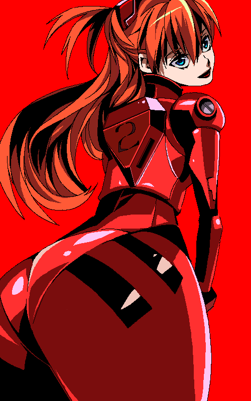 kuroameman, souryuu asuka langley, neon genesis evangelion, ass, ass focus, blue eyes, curvy, from behind, huge ass, long hair, looking at viewer, looking back, mecha pilot suit, orange hair, plugsuit (evangelion), red background, red hair, shiny clothes, simple background, solo