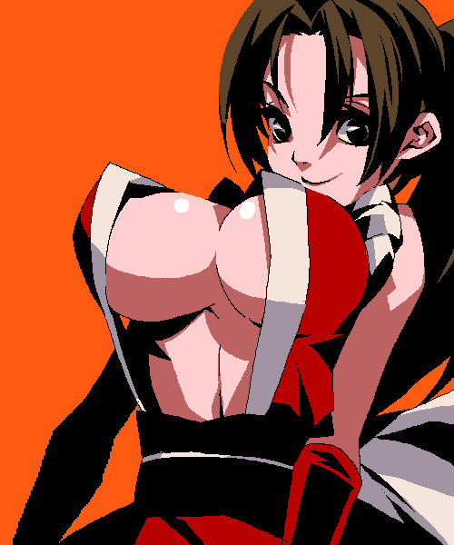 kuroameman, shiranui mai, fatal fury, snk, the king of fighters, 1girl, breasts, brown hair, cleavage, female focus, large breasts, long hair, no bra, oekaki, ponytail, smile, solo