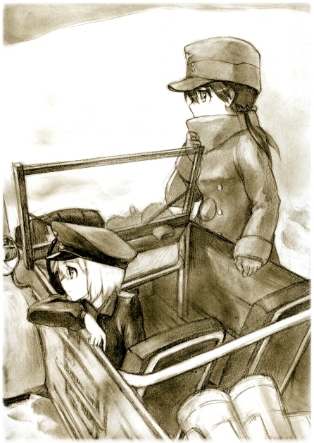 kisetsu, erica hartmann, gertrud barkhorn, strike witches, world witches series, bad id, bad pixiv id, traditional media, 00s, 2girls, monochrome, multiple girls, profile, sepia, sketch