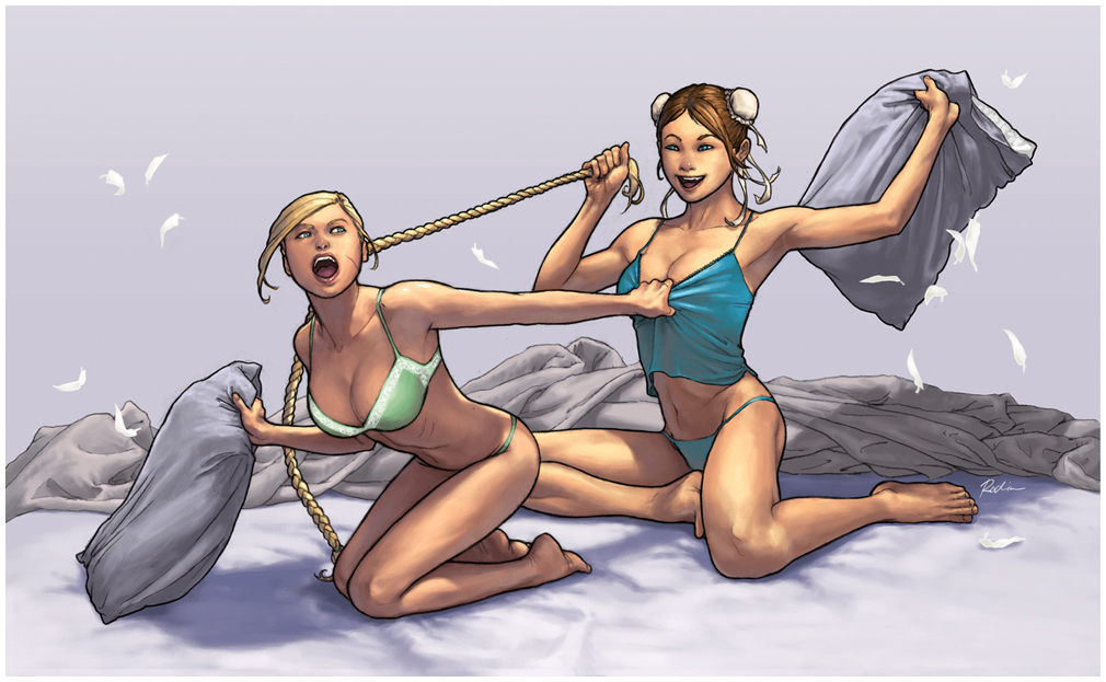 cammy white, chun-li, capcom, street fighter, street fighter ii (series), 1990s (style), 2girls, barefoot, blonde hair, blue eyes, bra, braid, breasts, brown hair, bun cover, camisole, cleavage, double bun, feathers, grabbing another's hair, hair bun, holding another's hair, lingerie, long hair, midriff, multiple girls, panties, pillow, pillow fight, retro artstyle, twin braids, underwear, underwear only