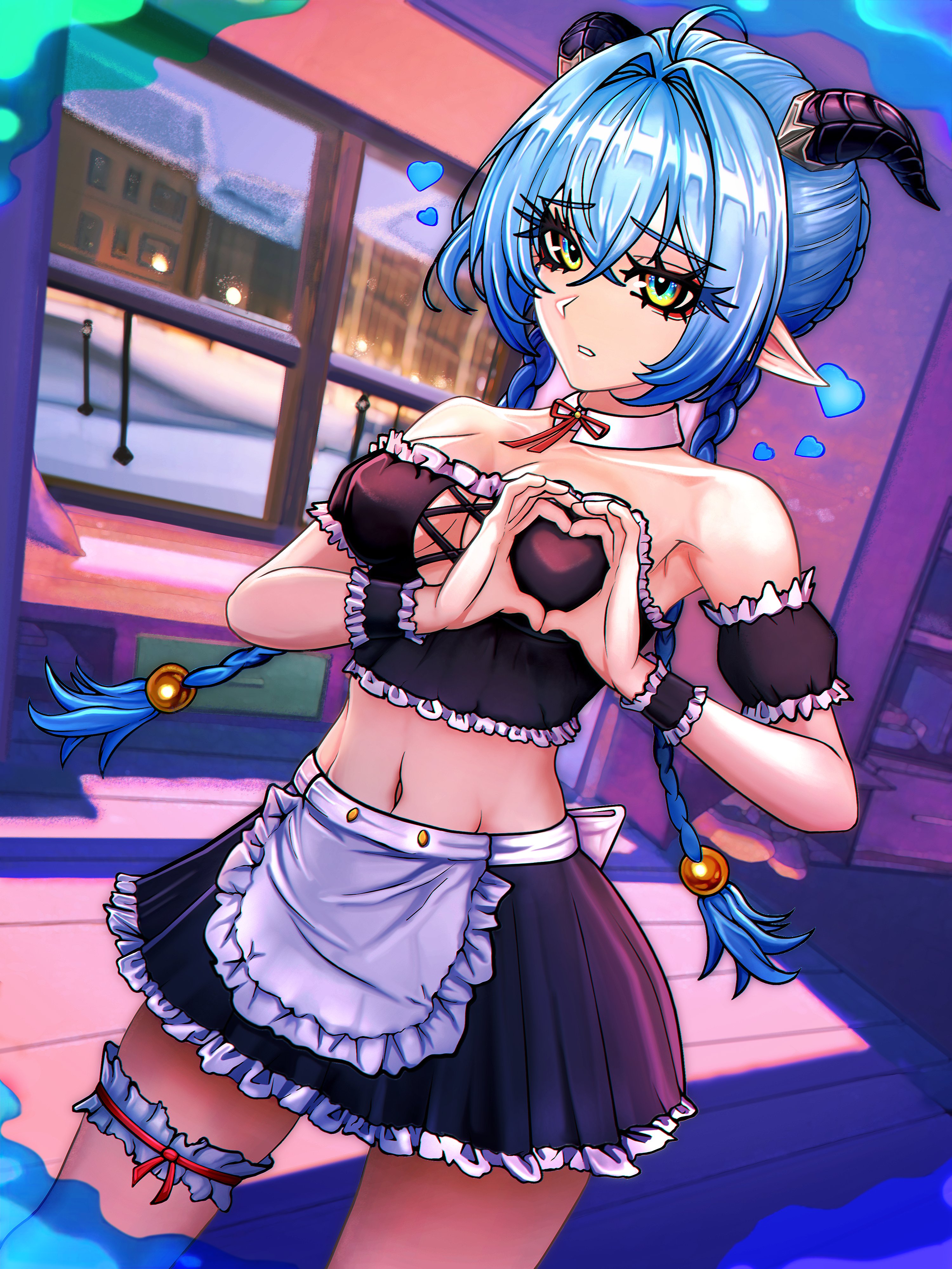 absurd fox, lucia (zenless zone zero), zenless zone zero, braided twintails, absurdres, highres, 1girl, alternate costume, apron, bare shoulders, blue hair, braid, breasts, goat, goat girl, goat horns, green eyes, hair between eyes, heart, heart hands, horns, leg ribbon, looking at viewer, maid, maid apron, midriff, navel, pointy ears, ribbon, solo, thigh ribbon, yellow eyes