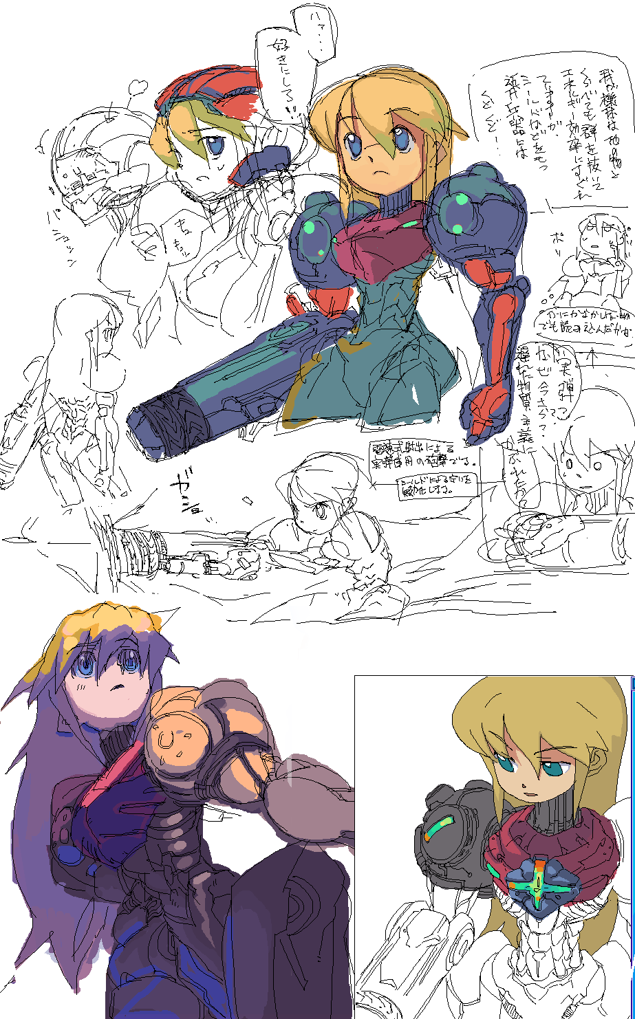 metata, samus aran, metroid, nintendo, visor, bad id, bad pixiv id, highres, translation request, 1girl, :o, aiming, alternate hairstyle, aqua eyes, arm cannon, armor, ass, blonde hair, blue eyes, chibi, cowboy shot, dutch angle, fighting stance, firing, from behind, frown, hair between eyes, hair down, helmet, long hair, looking down, looking to the side, looking up, monochrome, multiple views, narrow waist, no headwear, o o, oekaki, open mouth, parted lips, partially colored, ped suit, power suit, power suit (metroid), sidelocks, sketch, speech bubble, sweat, varia suit, very long hair, weapon