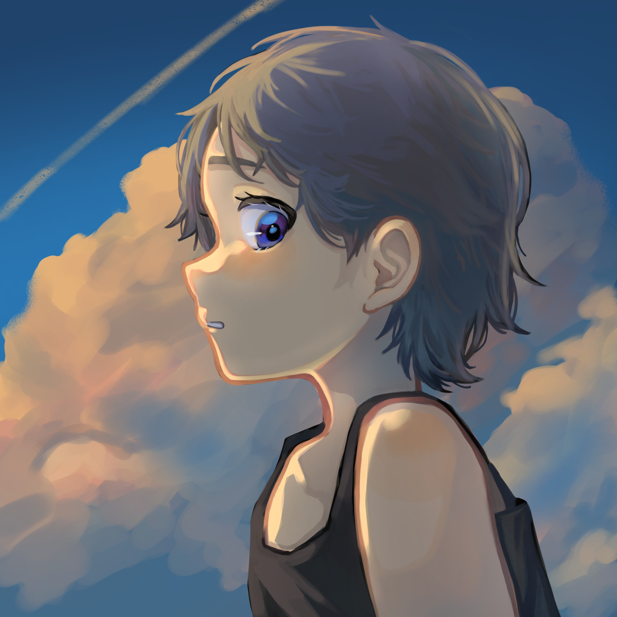 original, commentary request, highres, 1girl, black shirt, black tank top, blue eyes, blue sky, brown hair, cloud, contrail, day, eyelashes, from side, marukana-kurione, profile, shirt, short hair, sideways glance, sky, solo, tank top, very short hair