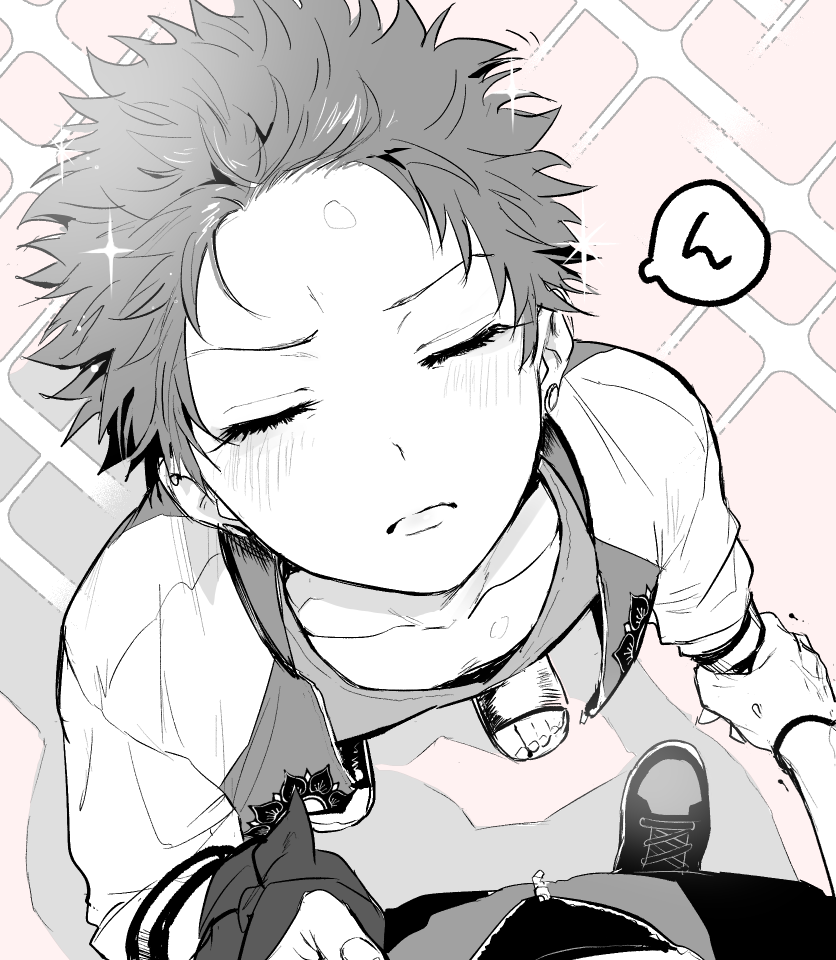 nbnekochan, harai kuko, yamada ichiro, hypnosis mic, 2boys, blush, bracelet, closed eyes, collarbone, downblouse, ear piercing, earrings, forehead, from above, furrowed brow, greyscale with colored background, hair slicked back, hand on another's chest, hand up, holding another's wrist, incoming kiss, jacket, jewelry, male focus, multiple boys, open clothes, open jacket, piercing, pink background, pov, sandals, shadow, shiny forehead, shoes, slides, sneakers, solo focus, sparkle, sparkle background, speech bubble, spiked hair, sukajan, toenails, yaoi, zipper