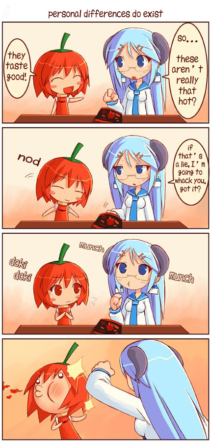 shigatake, jolokia, milk-san, habanero-tan, original, hard-translated, third-party edit, translated, 4koma, :3, blood, blue eyes, blue hair, blush, blush stickers, chili pepper, comic, eating, food, glasses, habanero pepper, horns, long hair, o3o, punching, red eyes, red hair, school uniform, serafuku, short hair
