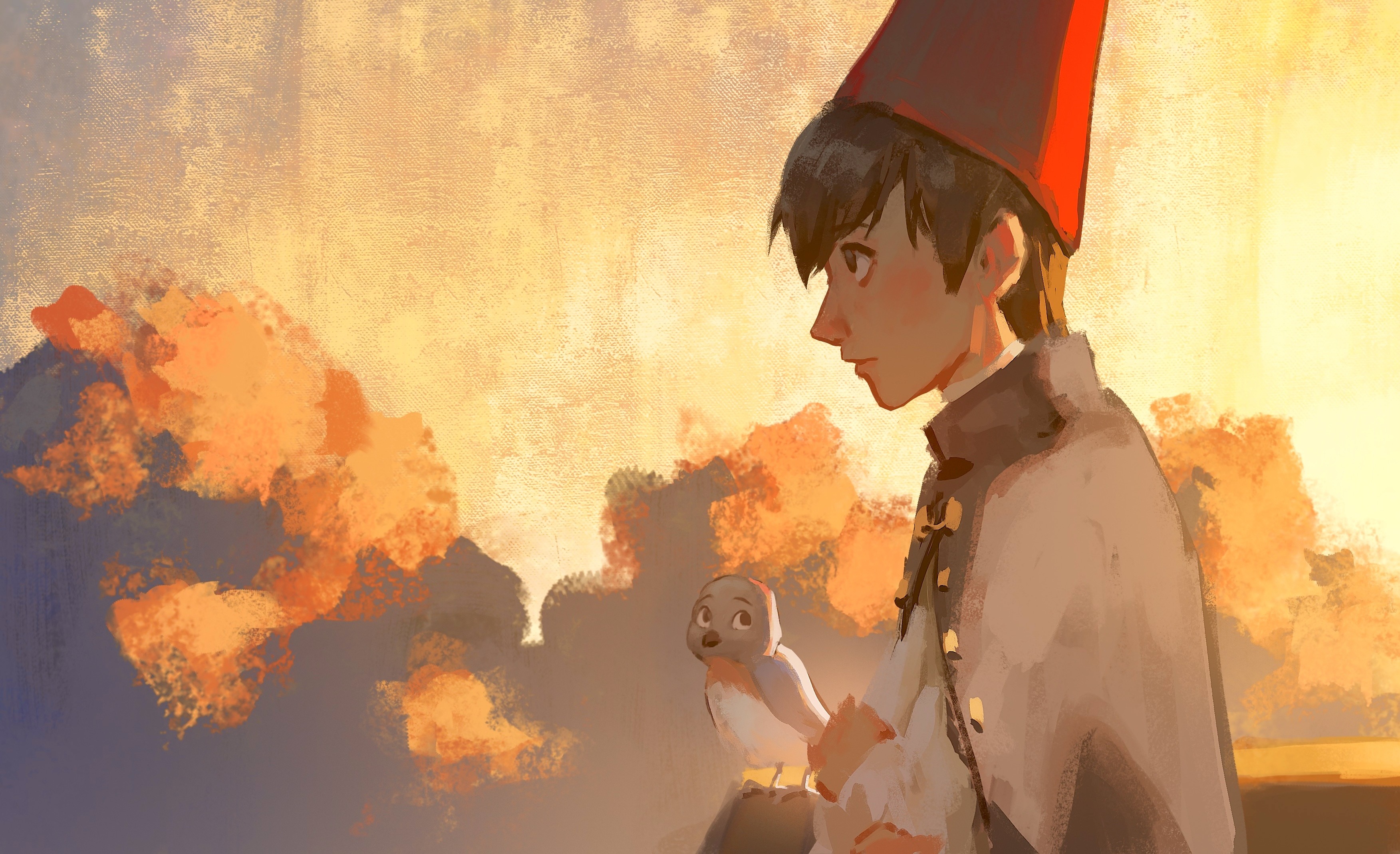 suikamelony, beatrice (over the garden wall), wirt (over the garden wall), over the garden wall, absurdres, highres, 1boy, bird, brown hair, hat, long sleeves, male focus, multiple boys, painterly, red hat, shirt, short hair, solo, white shirt
