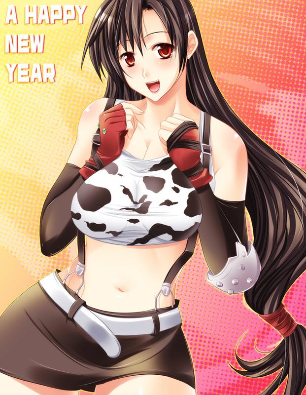 maki (seventh heaven maxion), tifa lockhart, final fantasy, final fantasy vii, bad id, bad pixiv id, 00s, 1990s (style), 1girl, 2009, animal print, black hair, breasts, cow print, female focus, fingerless gloves, gloves, happy new year, large breasts, long hair, low-tied long hair, midriff, miniskirt, navel, new year, pencil skirt, red eyes, retro artstyle, shirt, skirt, solo, suspender skirt, suspenders, taut clothes, taut shirt