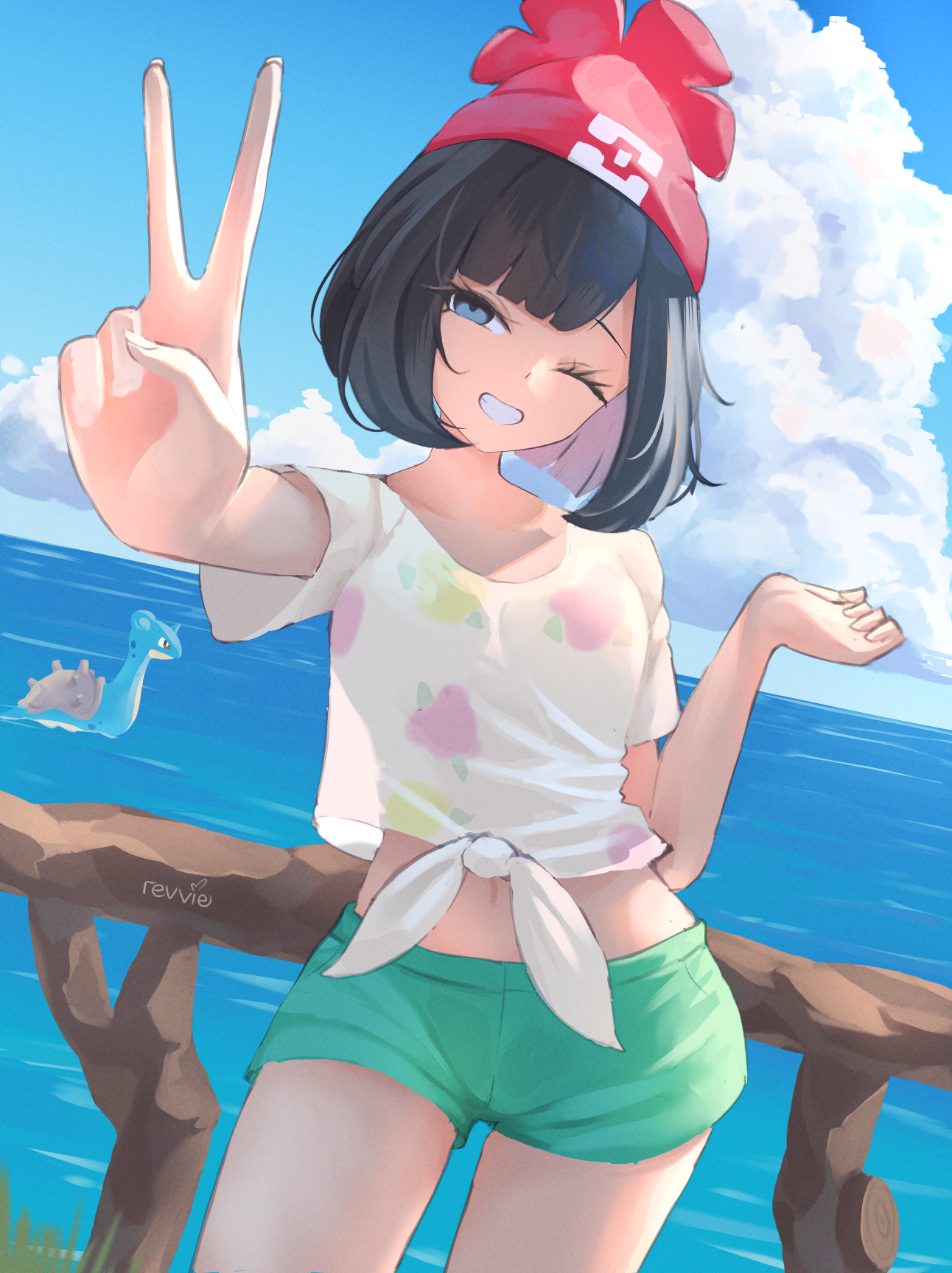 revvie, lapras, selene (pokemon), nintendo, pokemon, pokemon sm, highres, 1girl, beanie, black hair, blue eyes, blue sky, blush, breasts, cloud, collarbone, floral print, gen 1 pokemon, green shorts, grin, hat, looking at viewer, midriff, navel, ocean, one eye closed, open mouth, outdoors, outstretched arm, pokemon (creature), red hat, shirt, short hair, short sleeves, shorts, sky, smile, swimming, teeth, tied shirt, v, water, yellow shirt