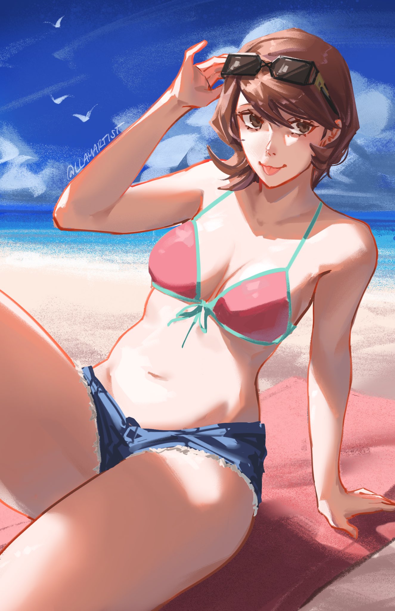 llamartist, takeba yukari, persona, persona 3, commentary, english commentary, highres, 1girl, arm support, bare arms, bare shoulders, beach, beach towel, belly, bikini, bikini top only, bird, blue shorts, blue sky, blue trim, breasts, brown eyes, brown hair, cleavage, cloud, cloudy sky, collarbone, denim, denim shorts, eyewear on head, feet out of frame, flipped hair, frayed shorts, front-tie bikini top, front-tie top, halterneck, hand up, knee up, looking at viewer, medium breasts, navel, ocean, official alternate costume, outdoors, pink bikini, sand, short hair, short shorts, shorts, sitting, sky, solo, stomach, sunglasses, swimsuit, thighs, tongue, tongue out, towel, twitter username, white bird