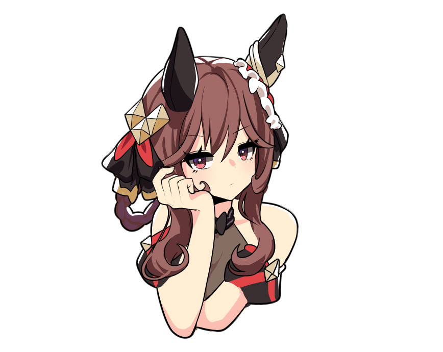 nieto tokage, gentildonna (regina dei fiori) (umamusume), gentildonna (umamusume), umamusume, 1girl, animal ears, bare shoulders, blush, braid, braided hair rings, breasts, brown hair, closed mouth, dress, ear covers, ear ornament, hair between eyes, hair ornament, hair rings, head rest, heart-shaped ornament, heart ear ornament, horse ears, horse girl, large breasts, long hair, looking at viewer, portrait, red eyes, see-through cleavage, see-through clothes, simple background, solo, white background