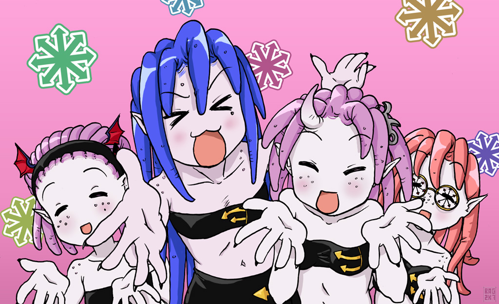 ragathol, daemonette, hiiragi kagami, hiiragi tsukasa, izumi konata, slaanesh, takara miyuki, lucky star, motteke! serafuku, warhammer 40k, > <, bare shoulders, bra, claws, collarbone, glasses, lingerie, midriff, parody, underwear