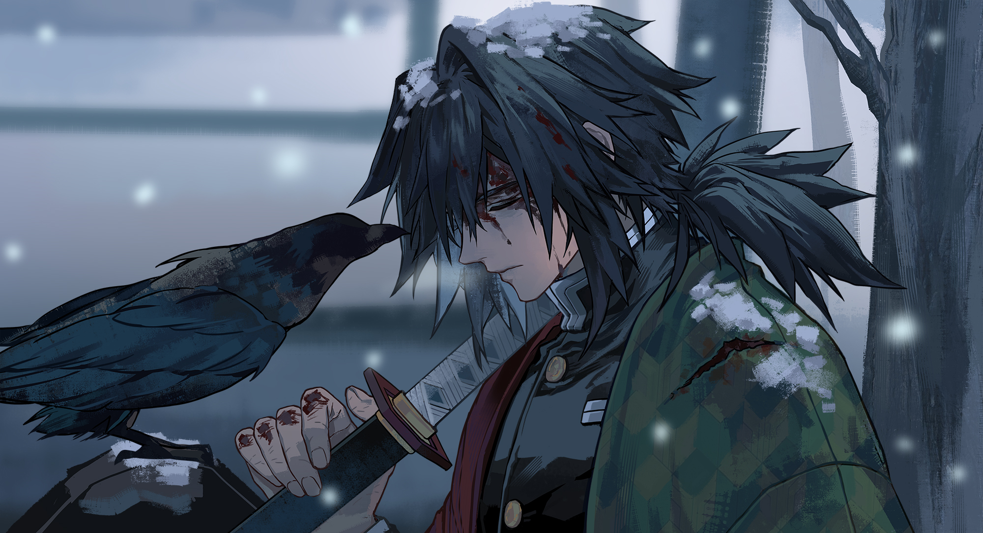 tomioka giyuu, kimetsu no yaiba, highres, 1boy, battle damage, black jacket, demon slayer uniform, gold buttons, haori, jacket, japanese clothes, katana, kikkoumon, low ponytail, male focus, ponytail, print haori, solo, spiked hair, sword, weapon, whd5er