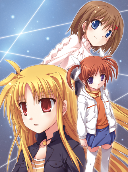 kusakami akira, fate testarossa, takamachi nanoha, yagami hayate, lyrical nanoha, mahou shoujo lyrical nanoha, mahou shoujo lyrical nanoha a's, white legwear, 00s, 3girls, ahoge, bad anatomy, blue eyes, blush, brown hair, closed mouth, hair ornament, long hair, long sleeves, looking at viewer, multiple girls, orange hair, orange shirt, poorly drawn, purple eyes, red eyes, red hair, shirt, sidelocks, thighhighs, twintails, very long hair, x hair ornament, zettai ryouiki