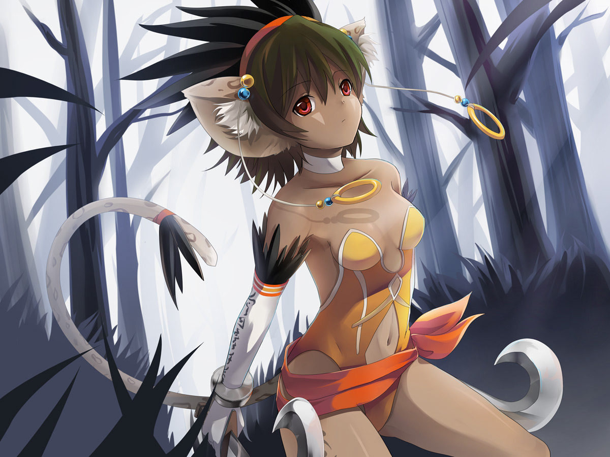 kazuki sanbi, piraka, yuukyuu no sharin, animal ears, elbow gloves, gloves, green hair, hairband, red eyes, short hair, solo, tail