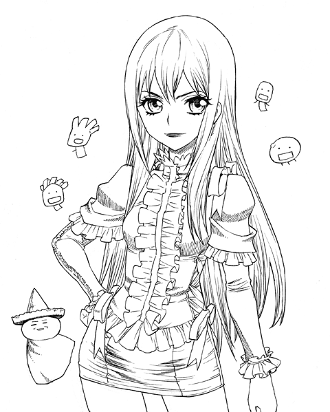 shiono etorouji, kawahama takuma, marie (moyashimon), yuuki kei, moyashimon, 1girl, :d, bracelet, contrapposto, female focus, frills, goth fashion, greyscale, hand on own hip, jewelry, looking at viewer, monochrome, open mouth, short sleeves, simple background, smile, solo, standing, trap, white background, wrist cuffs