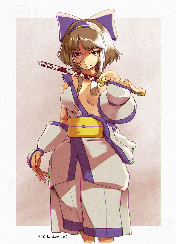 yotastar, murasaki nakoruru, samurai spirits, snk, highres, 1girl, ainu clothes, artist name, blood, blood on face, brown eyes, brown hair, fingerless gloves, gloves, hair ribbon, legs, long hair, looking at viewer, nipple slip, nipples, one breast out, pants, ribbon, shaded face, short hair, smile, solo, tan, thighs, topless female, weapon