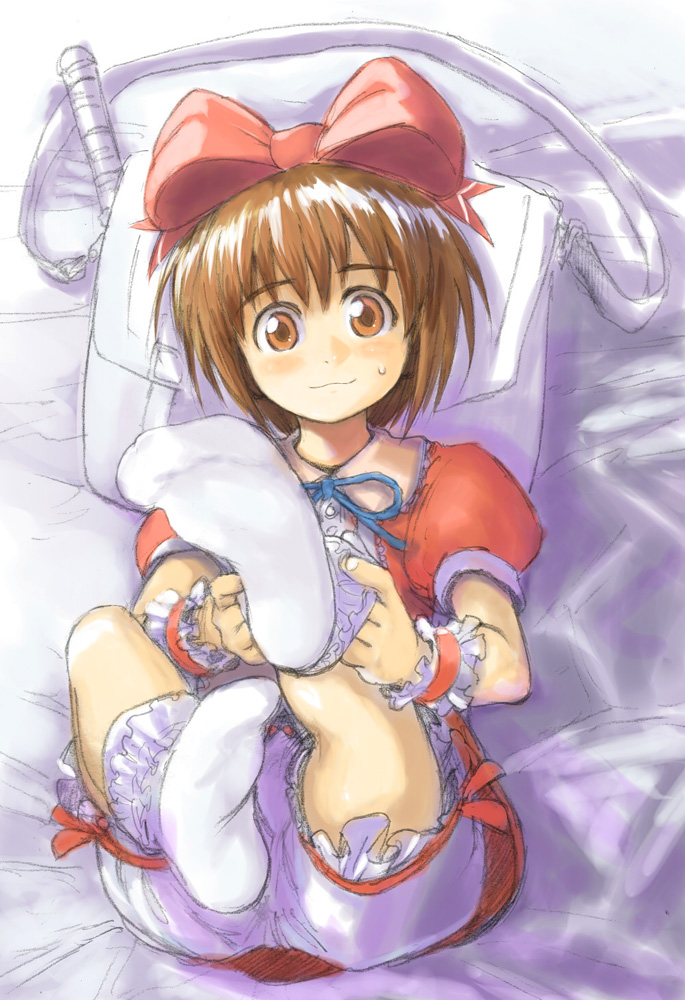 hirokazu, karol capel, karol capel (girly), tales of (series), tales of vesperia, 00s, 1boy, bag, bed, bloomers, bow, brown eyes, brown hair, crossdressing, crossdressing (mtf), feet, frills, lying, male focus, messenger bag, official alternate costume, shoulder bag, sketch, socks, solo, trap, underwear, white bloomers