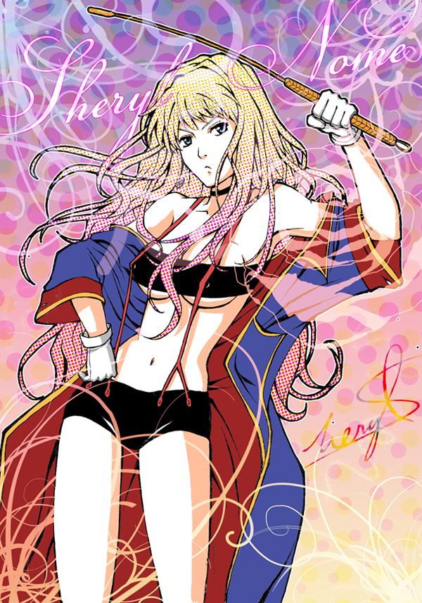 licamen, reducto, sheryl nome, macross, macross frontier, 00s, 1girl, bandeau, blonde hair, blue eyes, breasts, female focus, short shorts, shorts, solo, strapless, suspenders, tube top, underboob