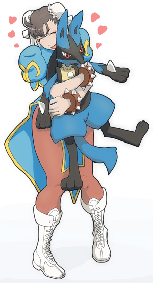 chun-li, lucario, capcom, nintendo, pokemon, street fighter, street fighter ii (series), 00s, 1990s (style), 1girl, boots, bracelet, brown hair, bun cover, china dress, chinese clothes, closed eyes, crossover, double bun, dress, gen 4 pokemon, hair bun, heart, hug, hug from behind, jewelry, pantyhose, pelvic curtain, pokemon (creature), retro artstyle, spiked bracelet, spikes, thick thighs, thighs