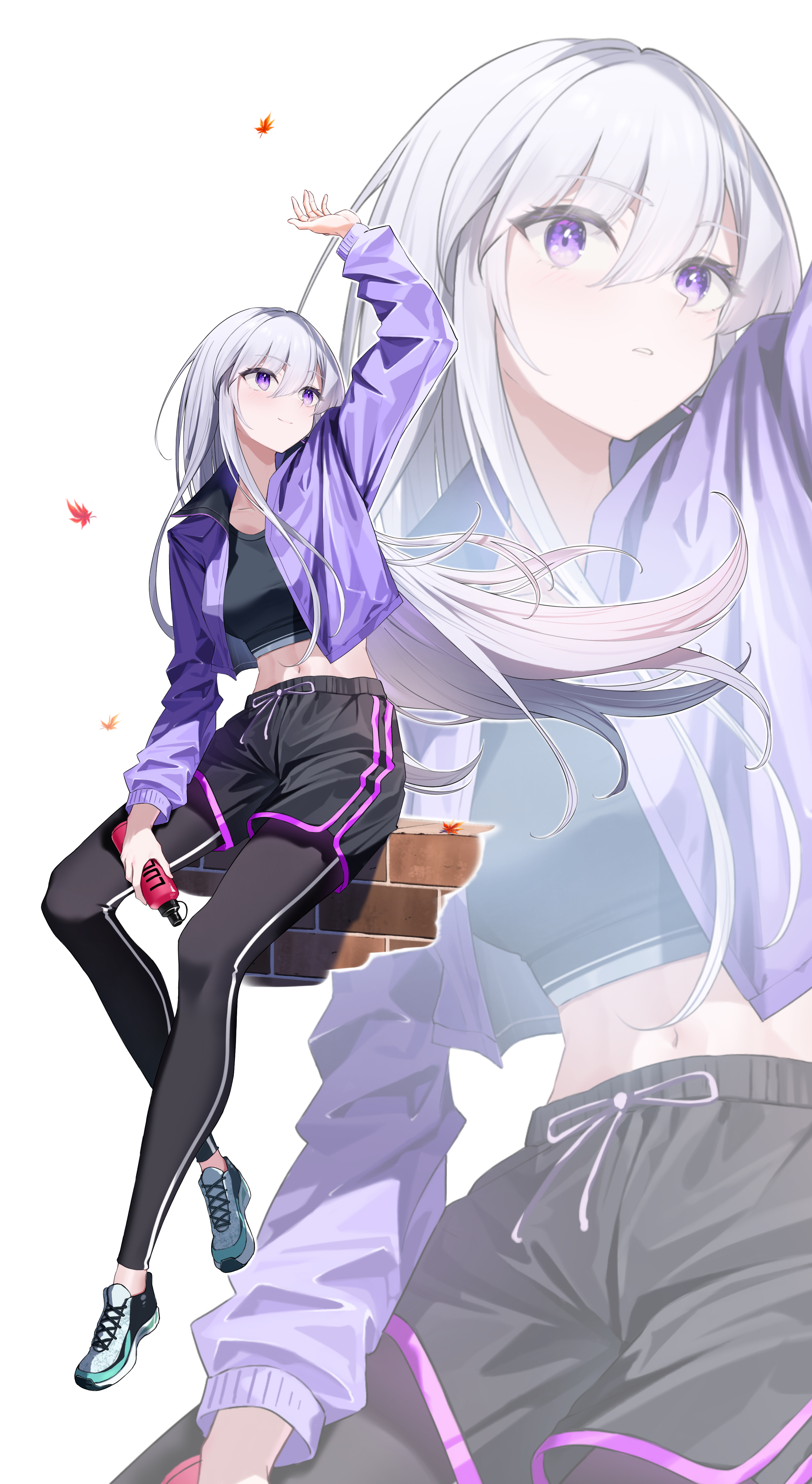 rubisco, enterprise (azur lane), azur lane, absurdres, commentary request, highres, partial commentary, 1girl, alternate breast size (smaller), alternate costume, arm up, black leggings, black shirt, black shorts, black swim trunks, blue track suit, bottle, breasts, brick wall, casual, closed mouth, collarbone, cropped jacket, cropped shirt, drawstring, falling leaves, floating hair, full body, grey shoes, hat, holding, holding bottle, jacket, leaf, leggings, long hair, looking up, maple leaf, medium breasts, navel, open clothes, open jacket, parted lips, purple eyes, purple trim, shirt, shoes, shorts, simple background, sitting, smile, sneakers, solo, sports bottle, sportswear, stomach, tied drawstring, track suit, vertical-striped leggings, very long hair, white background, white hair