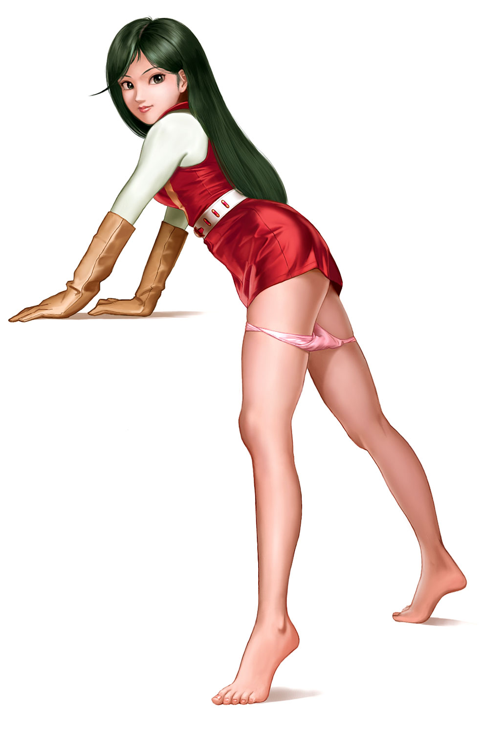python (snake legs), nanbara chizuru, choudenji robo combattler v, sunrise (company), toei company, highres, 1970s (style), 1girl, arm support, bare legs, barefoot, belt, dress, feet, female focus, full body, gloves, green hair, legs, lips, long hair, long legs, looking at viewer, looking to the side, oldschool, panties, panty pull, parted bangs, pink panties, red dress, retro artstyle, shirt, short dress, simple background, solo, tiptoes, underwear, white background, white belt, white shirt