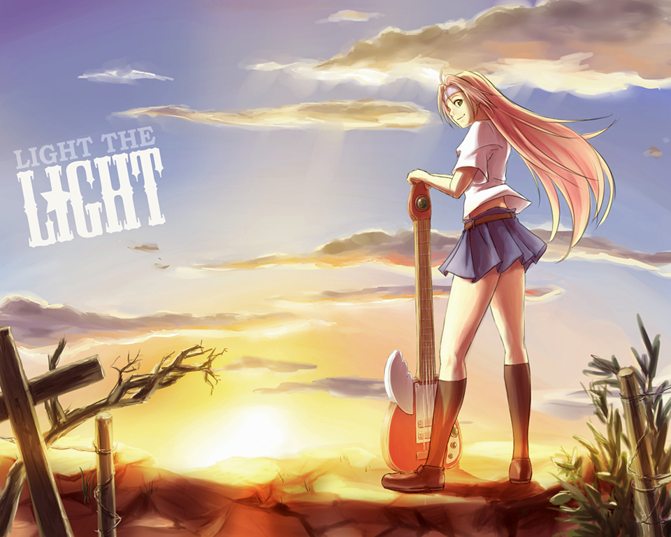 licamen, reducto, mylene jenius, macross, macross 7, 1990s (style), 1girl, electric guitar, female focus, guitar, headband, instrument, kneehighs, miniskirt, pink hair, retro artstyle, skirt, socks, solo, sun