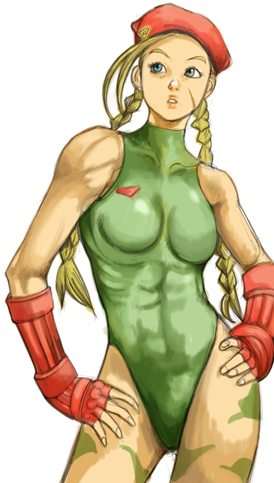kazaana, cammy white, capcom, street fighter, street fighter ii (series), 1990s (style), 1girl, abs, bare shoulders, beret, blonde hair, blue eyes, braid, breasts, female focus, fingerless gloves, gloves, hat, leotard, long hair, medium breasts, muscular, retro artstyle, solo, twin braids