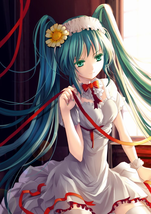 kier (k neko), hatsune miku, vocaloid, bad id, bad pixiv id, aqua eyes, aqua hair, dress, flower, long hair, sitting, solo, thighhighs, twintails