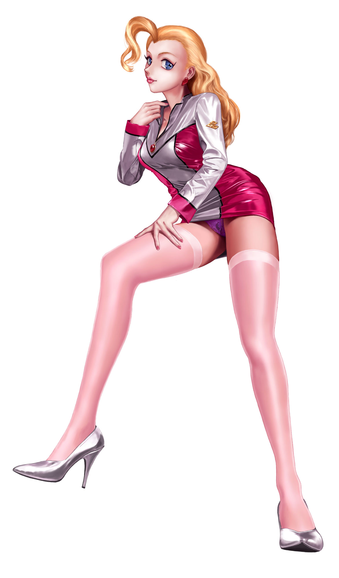 python (snake legs), swan white, yuusha ou gaogaigar, yuusha series, highres, 1990s (style), 1girl, blonde hair, blue eyes, breasts, dress, earrings, female focus, high heels, jewelry, large breasts, leaning forward, legs, lingerie, lips, lipstick, long hair, long legs, makeup, nail polish, panties, pantyshot, retro artstyle, shoes, short dress, simple background, solo, thighhighs, thighs, underwear, white background, zettai ryouiki