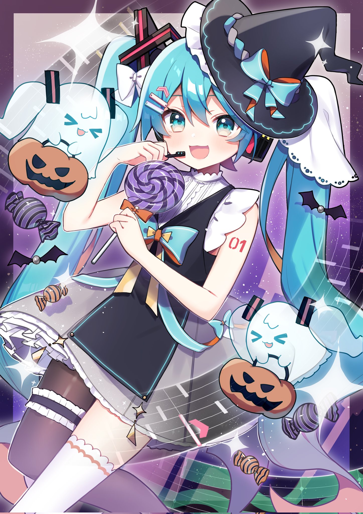 akikan sabako, hatsune miku, vocaloid, commentary request, highres, > <, 1girl, :3, aqua eyes, aqua hair, basket, black hat, black pantyhose, bow, candy, dress, food, frilled thigh strap, ghost, hair ornament, hairclip, halloween bucket, hat, headset, holding, holding basket, holding candy, holding food, holding lollipop, lollipop, long hair, looking at viewer, open mouth, pantyhose, single leg pantyhose, single thighhigh, solo, thigh strap, thighhighs, tongue, twintails, very long hair, white bow, white thighhighs, witch hat, wrapped candy