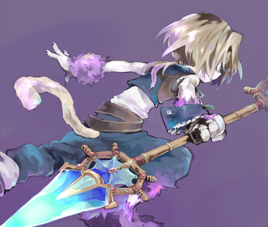soto, trance zidane tribal, zidane tribal, final fantasy, final fantasy ix, bad id, bad pixiv id, 00s, 1boy, aqua eyes, bare shoulders, belt, blonde hair, blue pants, blue vest, closed mouth, expressionless, foreshortening, from behind, hair tie, holding, holding weapon, long hair, low ponytail, male focus, outstretched arms, pale skin, pants, polearm, ponytail, purple background, running, shaded face, sidelocks, simple background, sleeveless, solo, spear, vest, weapon, wrist cuffs