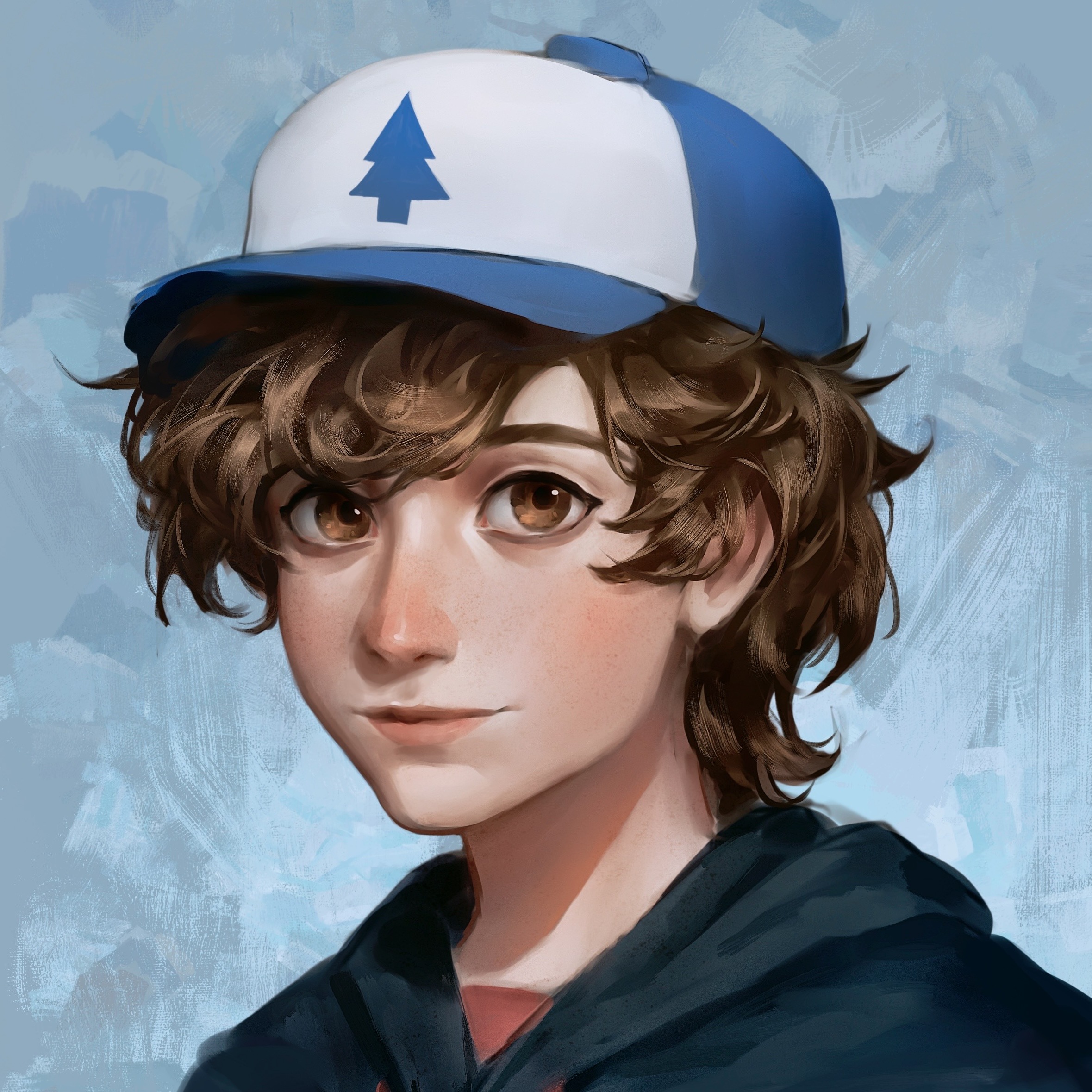 suikamelony, dipper pines, gravity falls, highres, 1boy, baseball cap, brown eyes, brown hair, freckles, hat, hood, hoodie, lips, male focus, nose, shirt, solo, two-tone hat, upper body