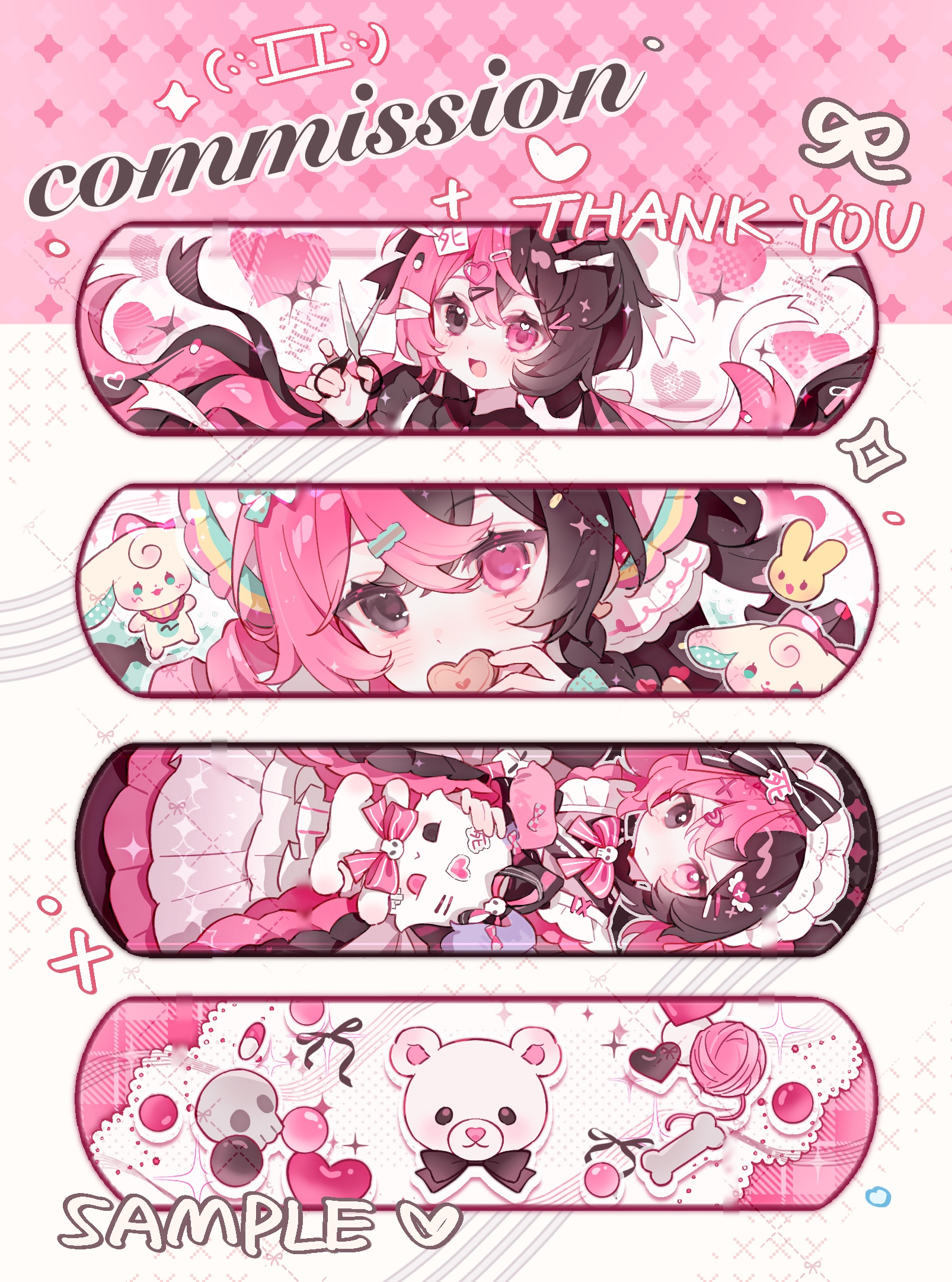 cyano, original, commission, highres, 1girl, :d, black bow, blush, bow, brown eyes, brown hair, closed mouth, double-parted bangs, dress, hair between eyes, hair bow, hair ornament, hairclip, heart, heart hair ornament, heterochromia, holding, holding scissors, low twintails, multicolored hair, multiple views, open mouth, pink bow, pink dress, pink eyes, pink hair, sample watermark, scissors, smile, split-color hair, thank you, twintails, two-tone hair, watermark, white bow