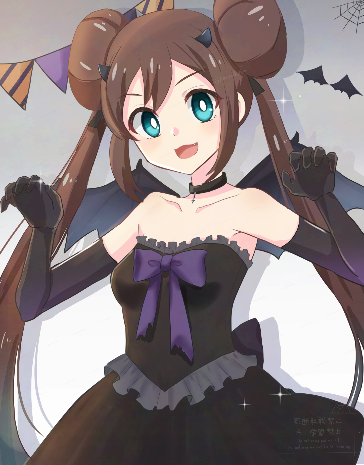 aoneko4ao (edwf7745), rosa (pokemon), nintendo, pokemon, pokemon bw2, highres, 1girl, bare shoulders, black choker, black dress, black gloves, black wings, blue eyes, blush, bow, breasts, brown hair, choker, collarbone, demon horns, demon wings, donut hair bun, double bun, dress, elbow gloves, fang, gloves, hair bun, halloween, horns, long hair, looking at viewer, off-shoulder dress, off shoulder, open mouth, purple bow, silk, smile, solo, spider web, star (symbol), twintails, wings