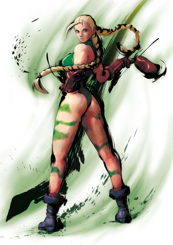 ikeno daigo, cammy white, capcom, street fighter, street fighter iv (series), official art, 1girl, ass, beret, blonde hair, blue eyes, boots, braid, female focus, fingerless gloves, full body, gloves, hat, leotard, long hair, solo, twin braids