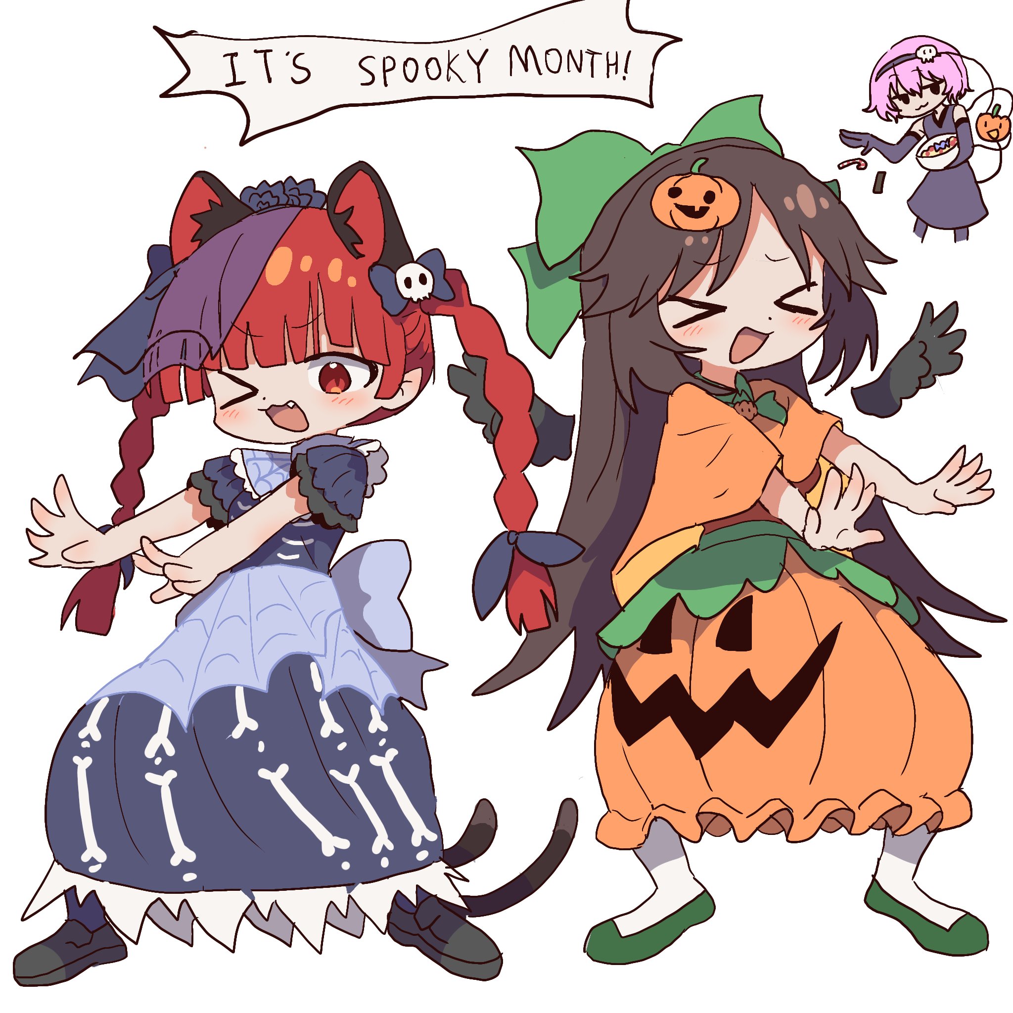 magg (user mtca8588), kaenbyou rin, komeiji satori, reiuji utsuho, subterranean animism, touhou, highres, > <, 3girls, :3, :d, ;d, alternate costume, animal ears, bare shoulders, black headdress, black veil, blue dress, bone print, bow, braid, brown hair, candy, capelet, cat ears, cat tail, doyagao, dress, elbow gloves, english text, excited, fang, feathered wings, flats, food, food-themed hair ornament, frills, gloves, green shoes, grey dress, grey gloves, grey pantyhose, grin, group pose, hair bow, hair ornament, halloween, halloween costume, holding, holding candy, holding food, jack-o'-lantern, jack-o'-lantern hair ornament, loafers, long dress, long hair, multiple girls, multiple tails, one eye closed, open mouth, orange dress, outstretched arms, pantyhose, pink hair, pumpkin hair ornament, pumpkin skirt, red eyes, red hair, shoes, short sleeves, skull hair ornament, sleeveless, sleeveless dress, smile, smug, spider web print, tail, twin braids, two tails, v-shaped eyebrows, veil, wings, xd