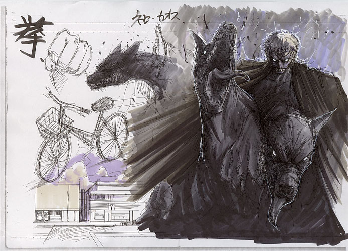 tapo, nrvnqsr chaos, tsukihime, vehicle, 00s, 1boy, bald, bicycle, darkness, looking at viewer, male focus, monster, outdoors, riding, solo, straddling
