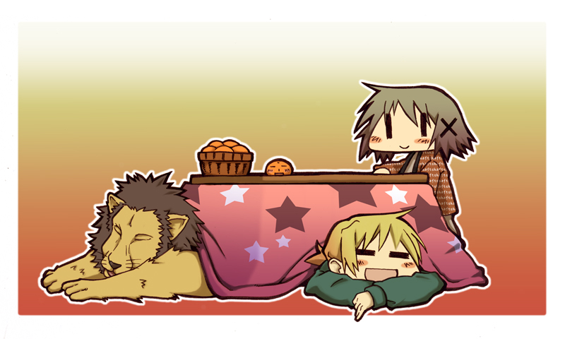 sabanomisoni gonta, miyako (hidamari sketch), yuno (hidamari sketch), hidamari sketch, bad id, bad pixiv id, 00s, 2girls, blonde hair, brown hair, food, fruit, gradient background, kotatsu, lion, mandarin orange, multiple girls, orange (fruit), short hair, table, wide face