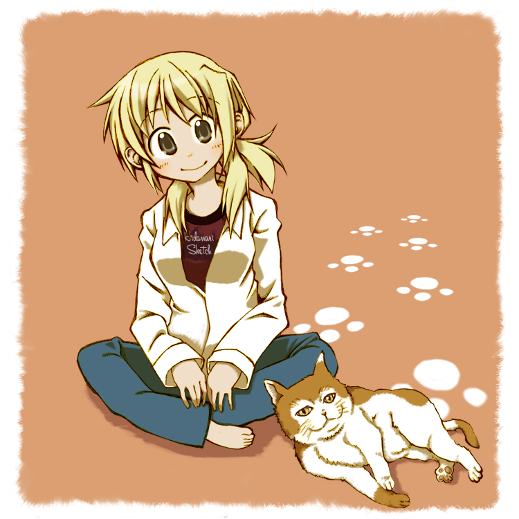 sabanomisoni gonta, miyako (hidamari sketch), hidamari sketch, bad id, bad pixiv id, 00s, 1girl, blonde hair, cat, female focus, sitting, solo, yellow eyes