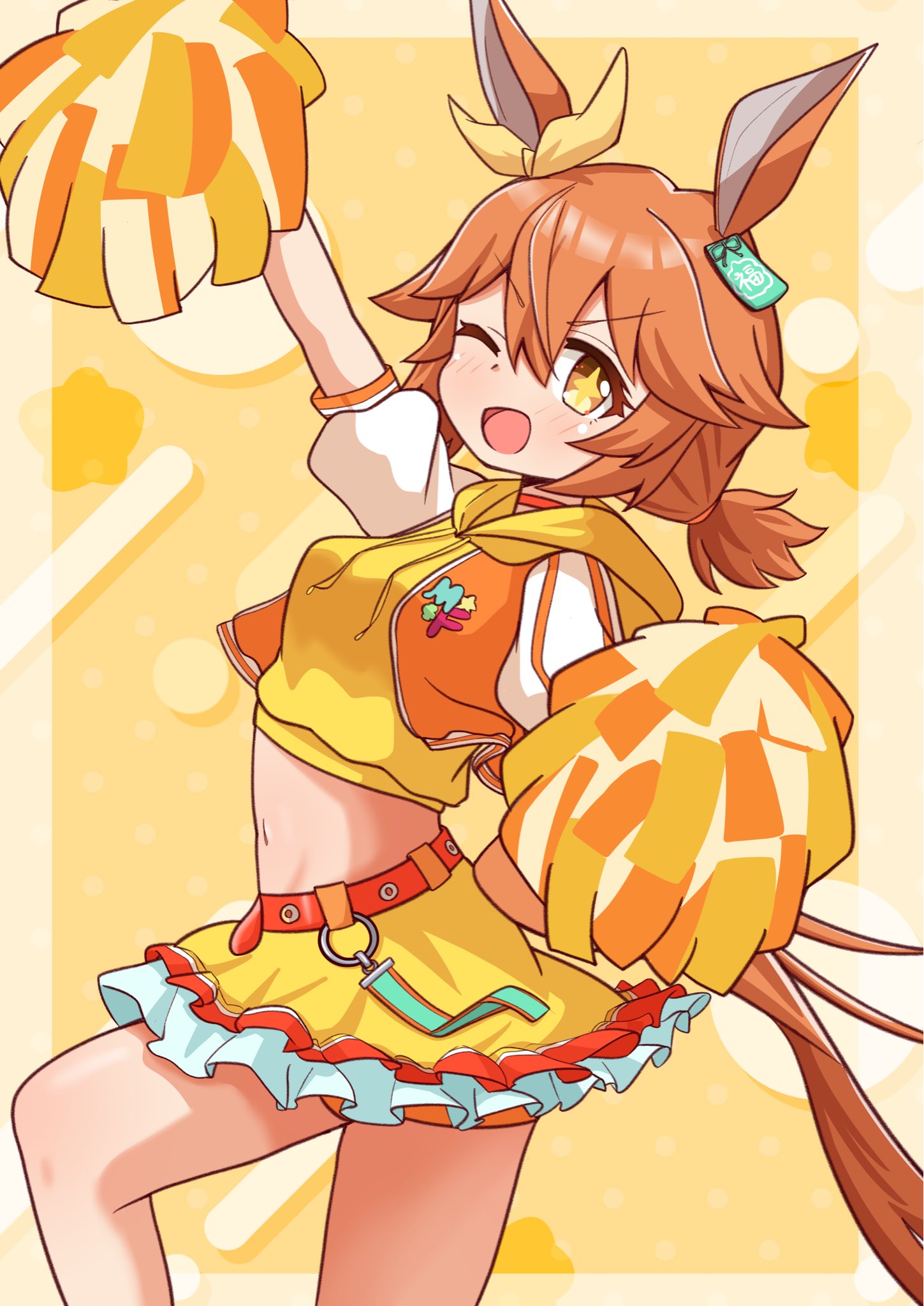 gtmd0gjamw, matikanefukukitaru (umamusume), umamusume, highres, + +, 1girl, alternate costume, animal ears, belt, blush, bow, breasts, cheerleader, cropped hoodie, cropped jacket, ear bow, ear ornament, hair between eyes, hair ornament, holding, holding pom poms, hood, hoodie, horse ears, horse girl, horse tail, jacket, long hair, looking at viewer, midriff, navel, one eye closed, open mouth, orange belt, orange hair, orange jacket, orange shorts, pom pom (cheerleading), pom poms, short sleeves, shorts, shorts under skirt, skirt, smile, solo, tail, yellow bow, yellow hoodie, yellow skirt