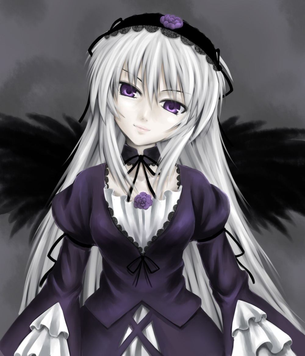 yanphoenix, suigintou, rozen maiden, silver hair, 00s, 1girl, black wings, cowboy shot, dress, female focus, flower, grey background, hairband, long hair, looking at viewer, purple dress, purple eyes, purple flower, purple rose, rose, smile, solo, wings