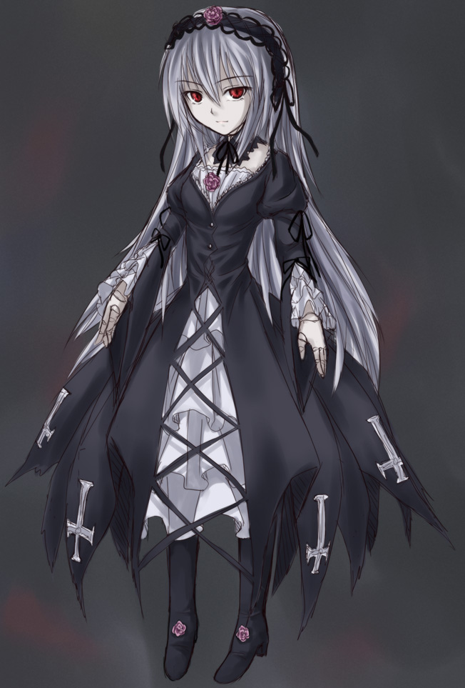 yanphoenix, suigintou, rozen maiden, silver hair, 00s, 1girl, black background, cross-laced clothes, female focus, full body, hairband, lolita hairband, long hair, looking at viewer, red eyes, simple background, solo, standing, very long hair