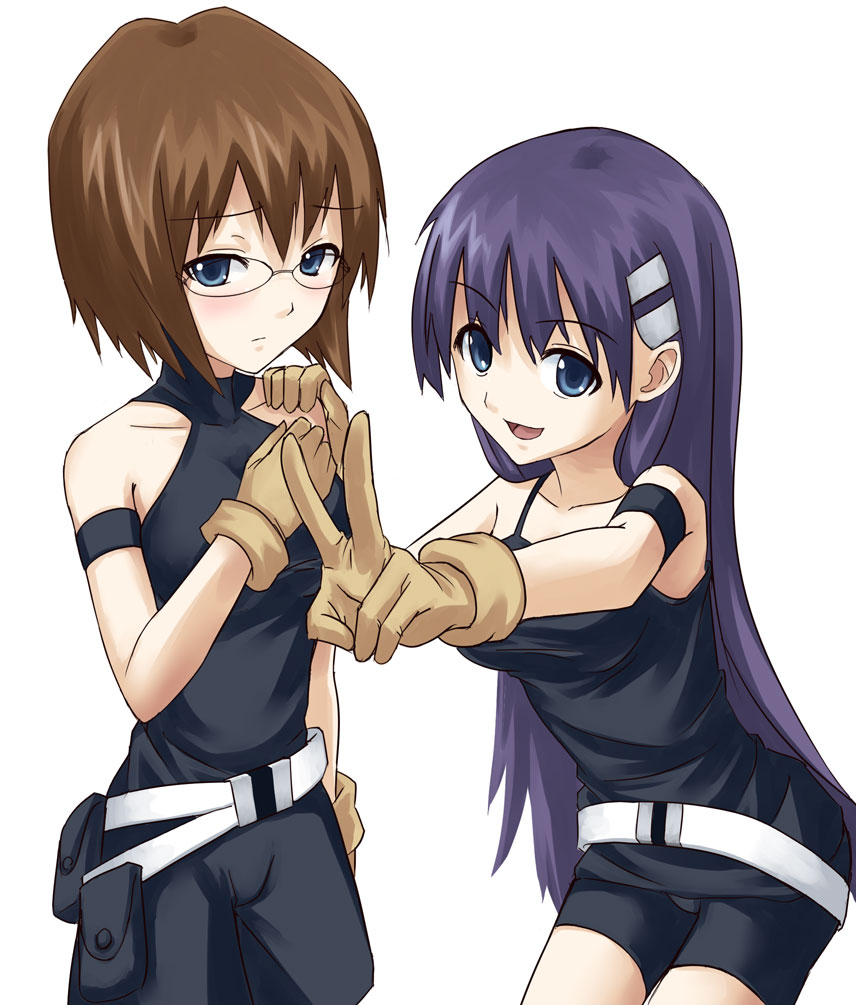 yanphoenix, kinon bachika, kiyal bachika, tengen toppa gurren lagann, hand on shoulder, 00s, 2girls, armband, bare shoulders, bike shorts, blue eyes, blush, brown hair, glasses, gloves, hair ornament, long hair, multiple girls, open mouth, purple hair, short hair, shorts, siblings, sisters, v