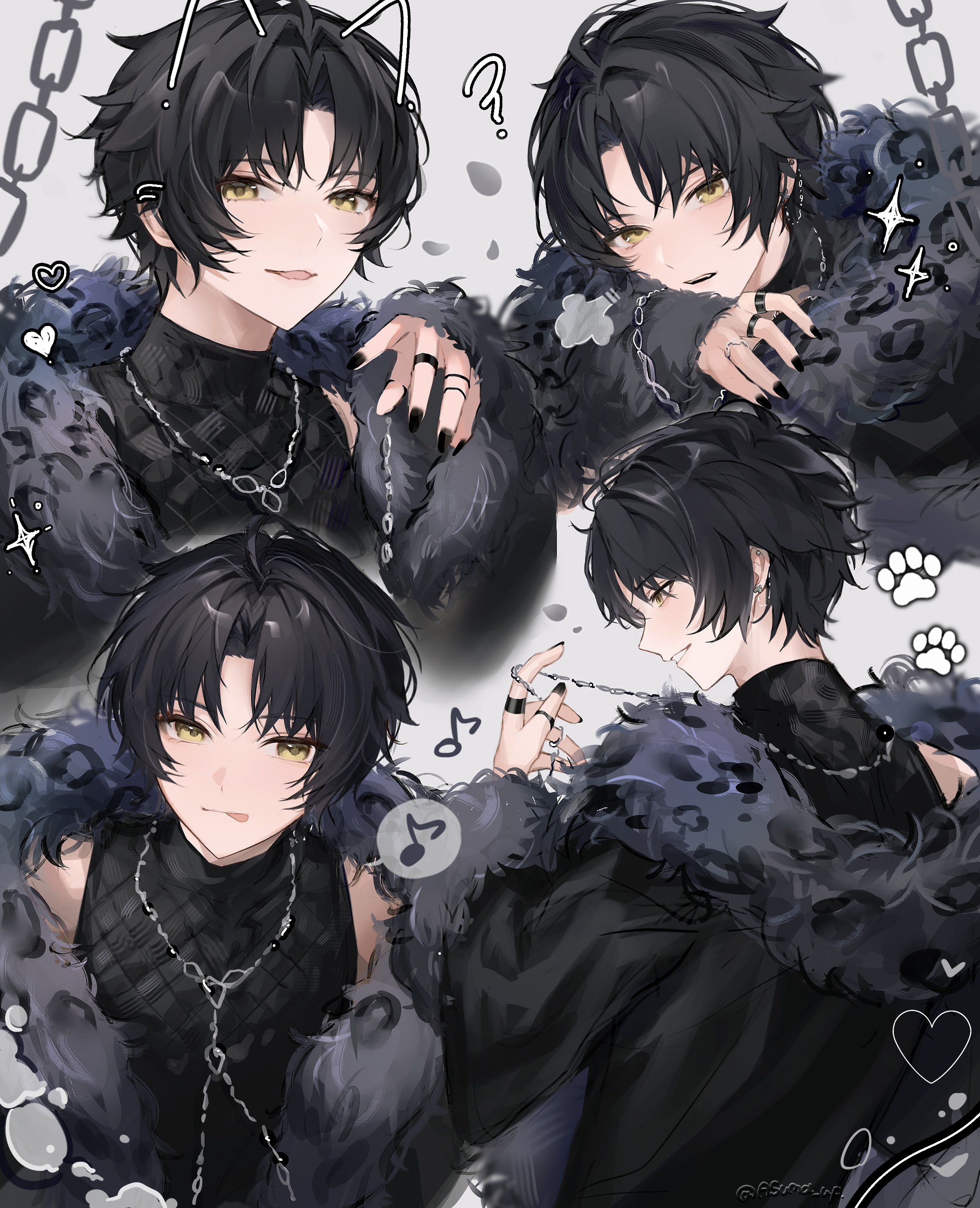 asuma up, asaba harumasa, zenless zone zero, absurdres, highres, 1boy, ?, animal ears, bare shoulders, black hair, black jacket, black nails, black shirt, chain, ear piercing, earrings, fake animal ears, from behind, fur-trimmed jacket, fur trim, grey background, head on arm, jacket, jewelry, looking at object, looking at viewer, male focus, multiple rings, musical note, necklace, parted bangs, paw print, piercing, ring, shirt, sleeveless, sleeveless shirt, smile, solo, sparkle, spoken musical note, teeth, tongue, tongue out, turtleneck