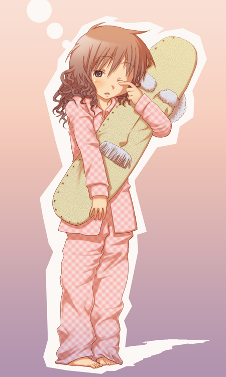 sabanomisoni gonta, hiro (hidamari sketch), principal (hidamari sketch), hidamari sketch, bad id, bad pixiv id, 00s, 2girls, barefoot, multiple girls, objectification, pajamas, pillow, red hair, sleepy