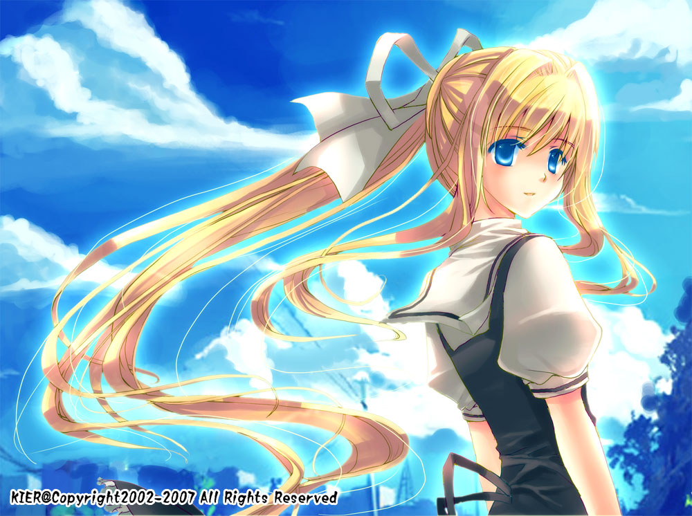 kier (k neko), kamio misuzu, air (visual novel), bad id, bad pixiv id, 00s, blonde hair, blue eyes, day, dress, long hair, ponytail, ribbon, school uniform, sky, solo, very long hair