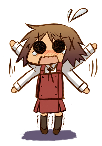 sabanomisoni gonta, yuno (hidamari sketch), hidamari sketch, bad id, bad pixiv id, lowres, 00s, 1girl, blush, brown hair, chibi, female focus, flailing, school uniform, short hair, solo, tears, yamabuki high school uniform