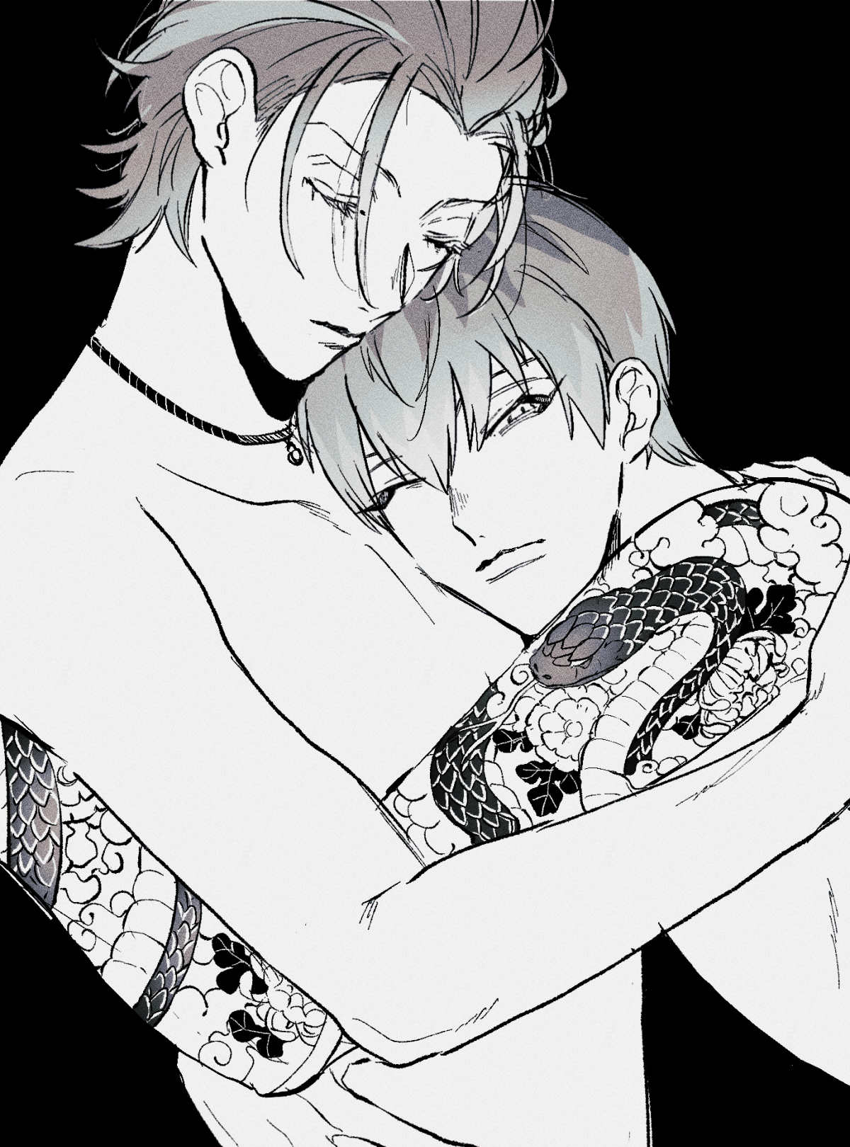 dokokanome, nurude sasara, tsutsujimori rosho, hypnosis mic, commentary request, highres, 2boys, arm tattoo, black background, chin rest, choppy bangs, closed eyes, cloud tattoo, collarbone, expressionless, film grain, flower tattoo, from side, greyscale, hair between eyes, hair slicked back, hand on another's shoulder, hand on another's waist, head on chest, head on head, head rest, hug, irezumi, jewelry, looking at viewer, loose hair strand, male focus, monochrome, multiple boys, necklace, no nipples, nude, one eye closed, short hair, simple background, snake tattoo, tattoo, unusually open eyes, upper body, very short hair, yaoi
